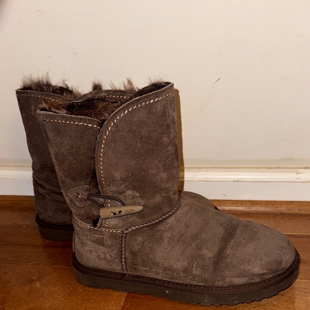 UGG Chocolate Suede Boots with Fur Trim